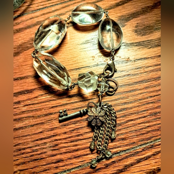 Vintage Large Crystal Bracelet w/ Bronze Tassel/Dangle Charms - Picture 2 of 4